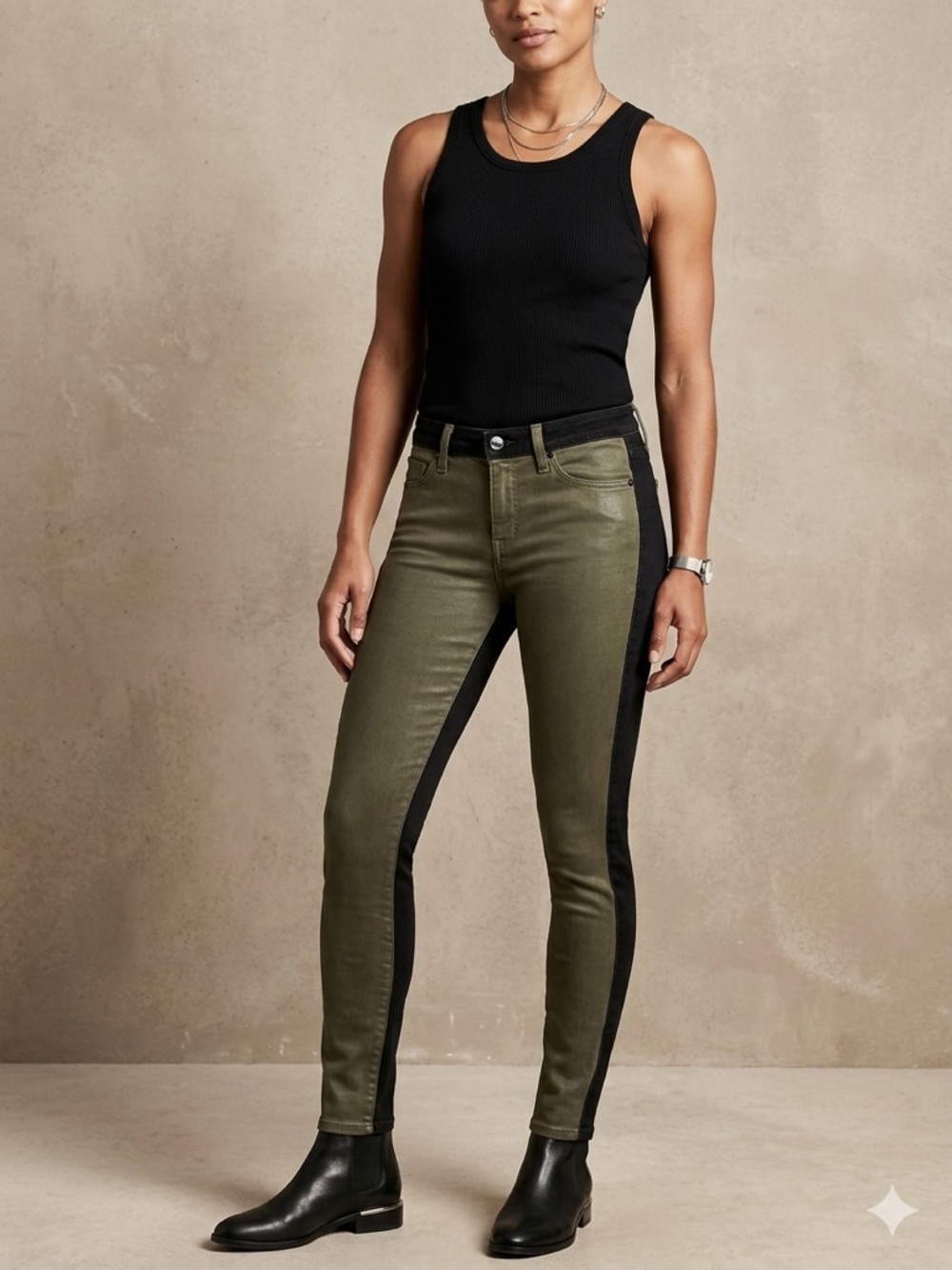 Hudson Jeans Nico Mid-Rise Super Skinny Tuxedo Stripe Olive Green Black 24